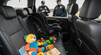 Interior de vehículo familiar con silla de seguridad para bebé, osito de peluche, bloques de construcción y libros; dos policías al fondo.