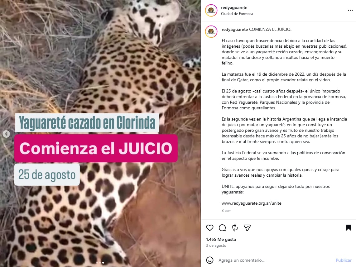 La ONG Red Yaguareté será querellante en el juicio