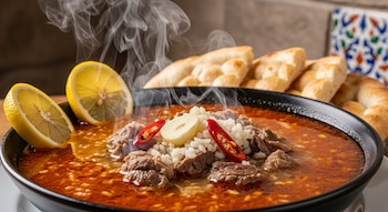 Un plato hondo de sopa beyran humeante con trozos de cordero, arroz, ajo y chiles rojos. Se ven rodajas de limón y pan turco en un ambiente tradicional.