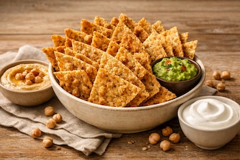 Un bowl grande con nachos de garbanzo triangulares, tres bowls pequeños con hummus, guacamole y yogur griego, garbanzos sueltos, y servilleta sobre madera.