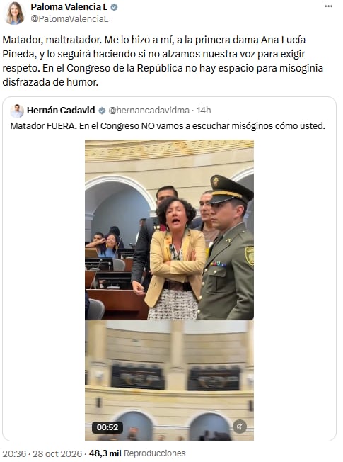 Paloma Valencia arremetió contra Matador y rechazó la misoginia en el Congreso - crédito @PalomaValenciaL/X