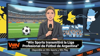 Ilustración de una presentadora con micrófono frente a pantallas con un estadio, mapas de Colombia y Argentina, e identificadores de Win Sports.