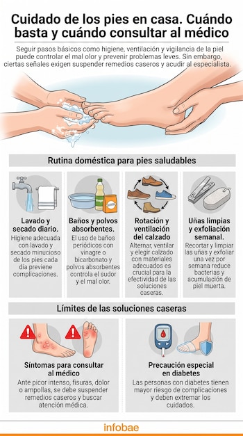 Infografía con ilustraciones sobre la higiene del pie, el cuidado del calzado, síntomas de infección y un medidor de glucemia.