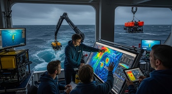 Interior de buque oceanográfico con cuatro científicos analizando pantallas con datos marinos. Fuera, el océano Atlántico y dos vehículos submarinos a punto de ser desplegados.