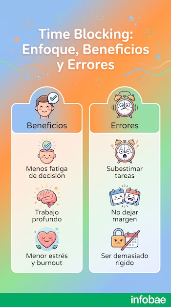 Infografía titulada "Time Blocking: Enfoque, Beneficios y Errores" con iconos ilustrativos para beneficios y errores. Fondo degradado. Logo Infobae.