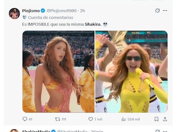 Captura de pantalla de un tuit con una imagen dividida de la cantante Shakira. Izquierda: Shakira en un escenario con un vestido brillante. Derecha: Shakira con gafas de sol y un micrófono