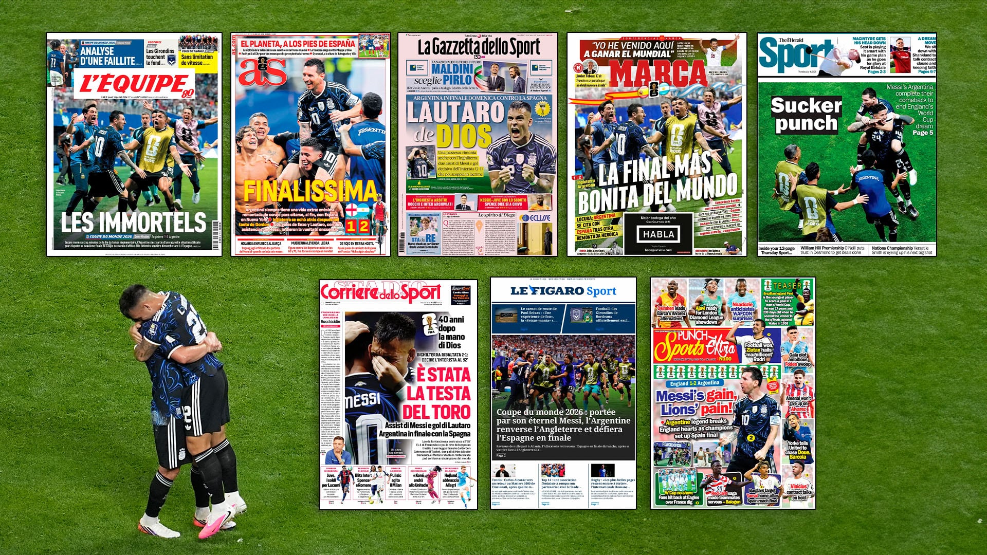 Los diarios del mundo reflejan la victoria de Argentina ante Inglaterra en las semfiinales del Mundial 2026 (AP Photo/Mike Stewart)