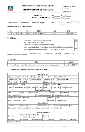 Escrito de acusación Fiscalía Ricardo Leyva - crédito Captura de Pantalla Caracol Radio