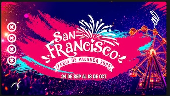 Fondo oscuro con franjas fucsias y celestes. Texto 'San Francisco Feria de Pachuca 2026'. Fechas '24 de Sep al 18 de Oct'. Noria iluminada y siluetas de gente