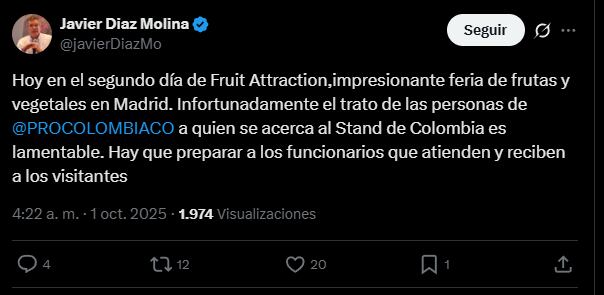 Javier Díaz es miembro de la junta directiva de Procolombia, entidad dueña del puesto en el que ocurrieron los hechos - crédito @javierDiazMo/X