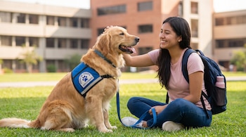 Una estudiante sentada en el césped acaricia la cabeza de un perro dorado que lleva un chaleco azul con la inscripción perro de terapia.