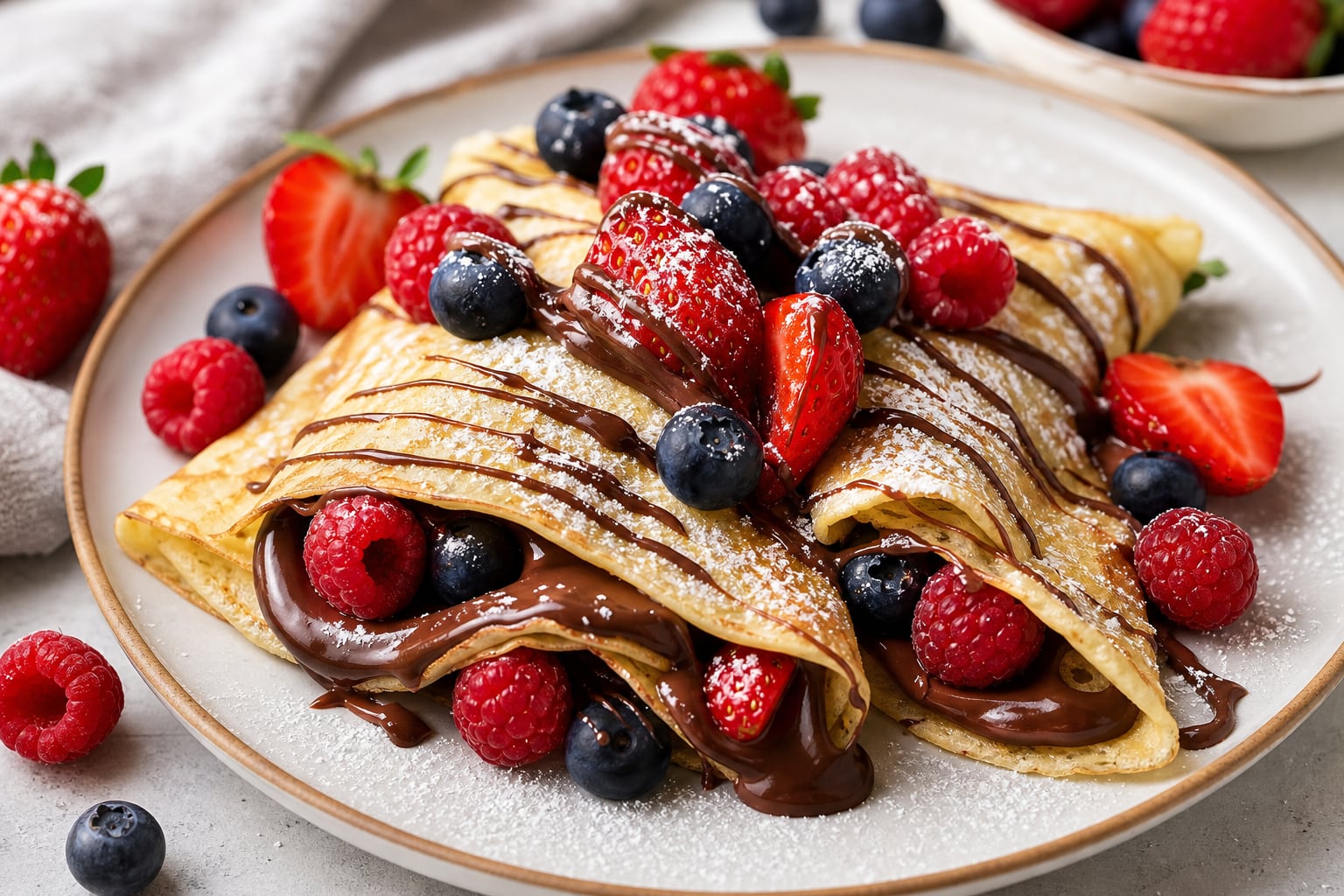 Un plato contiene crepas rellenas de crema de chocolate y decoradas con fresas, frambuesas, arándanos y azúcar en polvo. (Imagen Ilustrativa Infobae)