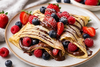Crepas dobladas en un plato con crema de chocolate, fresas laminadas, frambuesas, arándanos y azúcar en polvo.