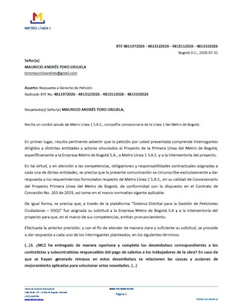 Esta fue la respuesta que dio la concesionaria al representante a la Cámara, tras indagar por las diferentes protestas en Bogotá - crédito Cortesía