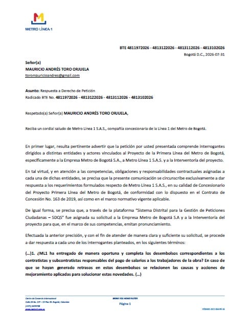 Esta fue la respuesta que dio la concesionaria al representante a la Cámara, tras indagar por las diferentes protestas en Bogotá - crédito Cortesía