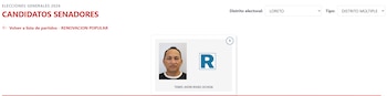 Captura de pantalla de una página web mostrando la foto de un candidato, Temis Jhon Rivas Ochoa, y datos electorales para Loreto
