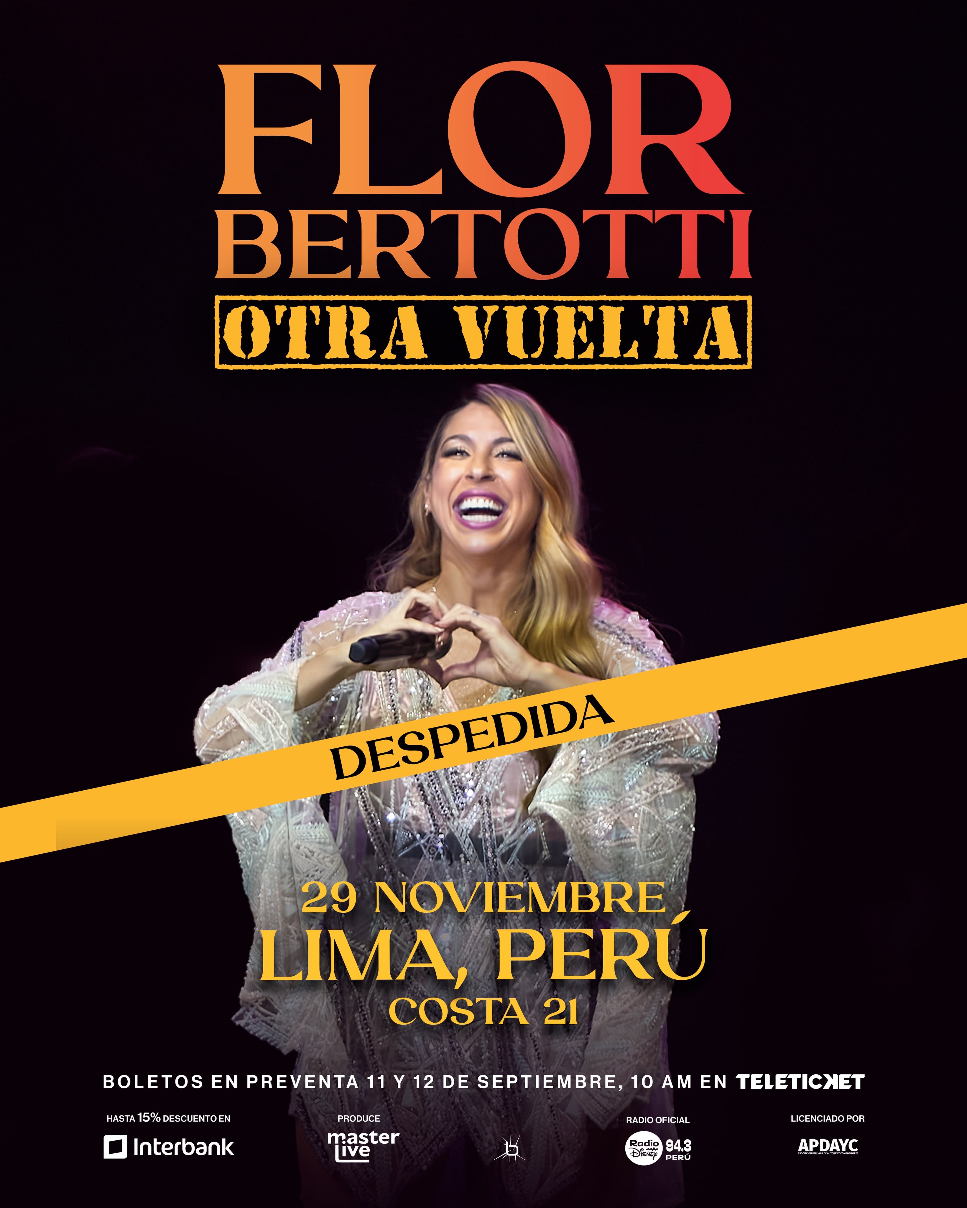 El cartel promocional de Flor Bertotti anuncia su concierto de despedida el 29 de noviembre en el recinto Costa 21 de Lima.