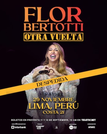 Afiche publicitario con la imagen de Flor Bertotti sonriendo y los datos de su concierto de despedida en Lima, Perú