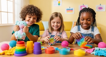 Tres niños en una mesa interactúan con un squishy, un fidget, un pop-it, pelotas sensoriales, vasos apilables y arena de colores.