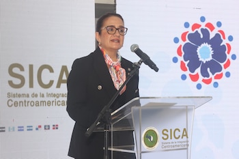 Fotografía de archivo en la que se captó a la secretaria general del Sistema de Integración Centroamericana (SICA), Lina Ajoy, durante una declaración, en Antiguo Cuscatlán (El Salvador). EFE/Javier Aparicio