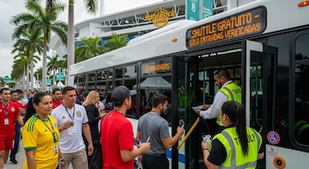 Personas diversas, algunas con camisetas de selecciones de fútbol, abordan un autobús "Shuttle gratuito" bajo un cielo nublado frente al Hard Rock Stadium de Miami.