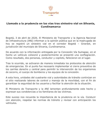 El Ministerio de Transporte y la Agencia Nacional de Infraestructura (ANI) aseguran que, tras el siniestro vial en el corredor Bogotá-Girardot, a la altura del municipio de Silvania, activaron de manera inmediata los protocolos de atención de emergencia - crédito Ministerio de Transporte