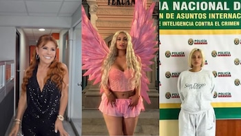 Tres paneles: Magaly Medina sonríe, Nadeska Widausky con alas rosas glamurosas, y Nadeska Widausky detenida frente a un cartel de la Policía Peruana