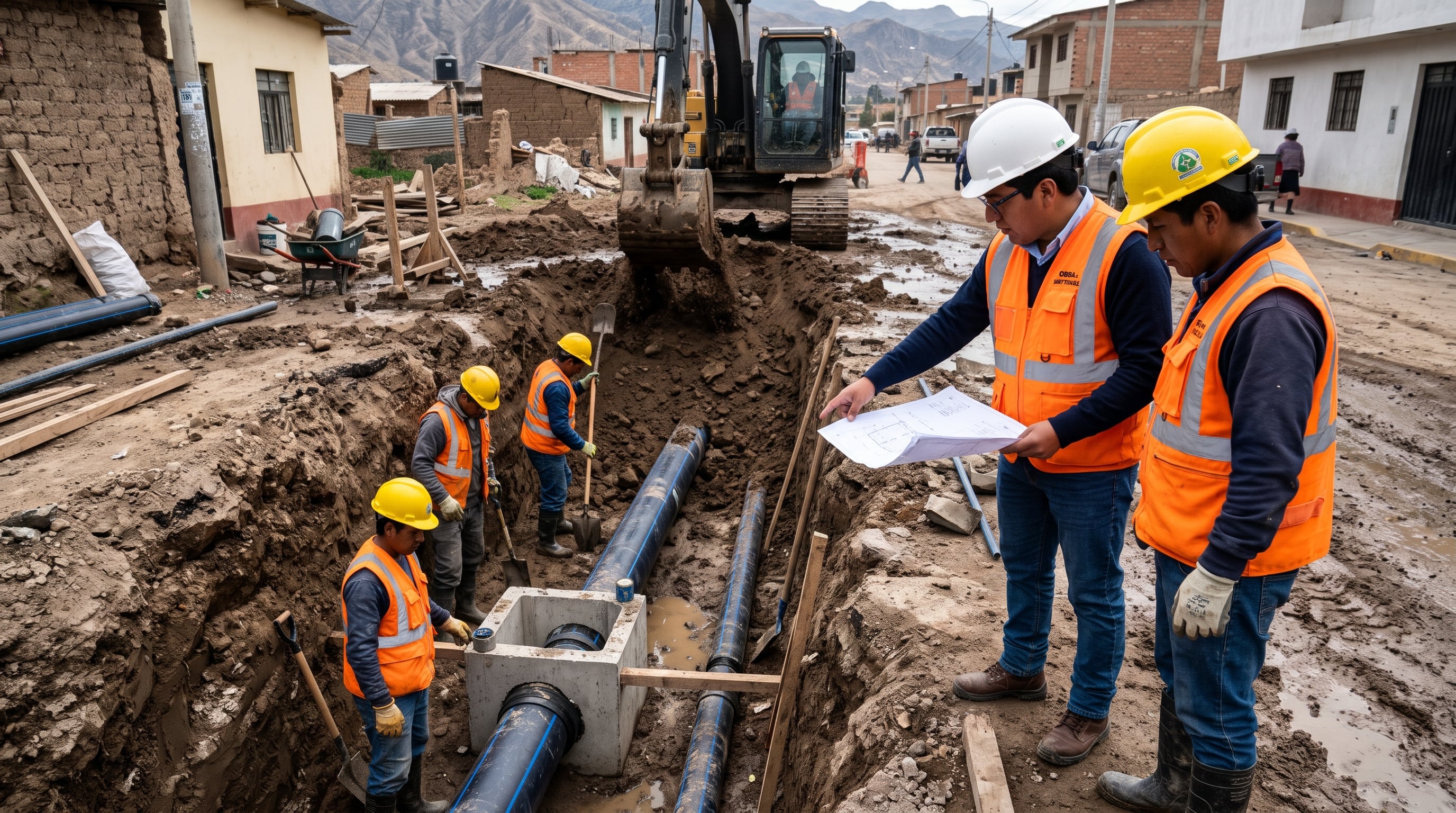 Dos supervisores revisan planos técnicos junto a una zanja donde obreros instalan tuberías para una red de saneamiento en Perú. (Imagen Ilustrativa Infobae)