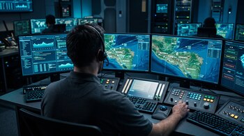 Operador de espaldas ante múltiples pantallas con mapas de Centroamérica, gráficos digitales y paneles informáticos.