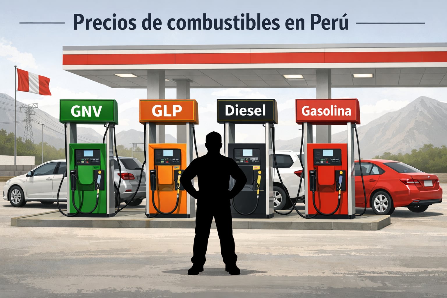 Una ilustración muestra una estación de servicio peruana con surtidores para GNV, GLP, diésel y gasolina, destacando la variedad de combustibles disponibles en el país. (Imagen Ilustrativa Infobae)