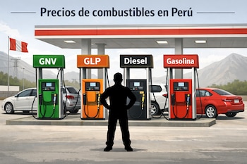 Ilustración de una estación de servicio en Perú con cuatro surtidores (GNV, GLP, Diésel, Gasolina) y una silueta de trabajador. La bandera peruana ondea a la izquierda.