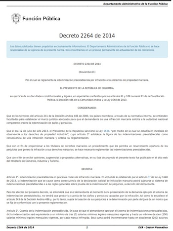 El Decreto 2264 reglamenta la indemnización preestablecida por infracción a los derechos de propiedad marcaria - crédito Función Pública