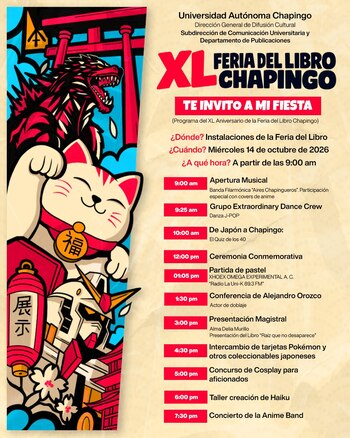 Un cartel publicitario con ilustraciones de Godzilla, un gato de la suerte y un robot junto al programa de la XL Feria del Libro Chapingo