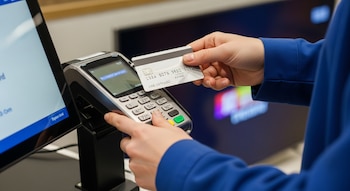 Primer plano de manos sosteniendo una tarjeta de crédito sobre un terminal de pago, con una pantalla que muestra 'PAYMENT APPROVED' y una manga azul.