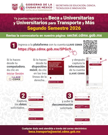 Infografía informativa con el logotipo de la Ciudad de México, instrucciones numeradas del uno al tres y capturas de pantalla de la plataforma