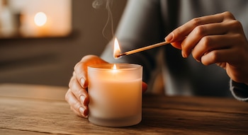 Primer plano de manos encendiendo una vela blanca en un recipiente de vidrio esmerilado con un fósforo, sobre una mesa de madera. Se ve humo de la llama.