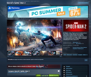Captura de pantalla de Steam mostrando la página de Marvel's Spider-Man 2 para PC, con banner de oferta de verano y una escena del juego con dos personajes
