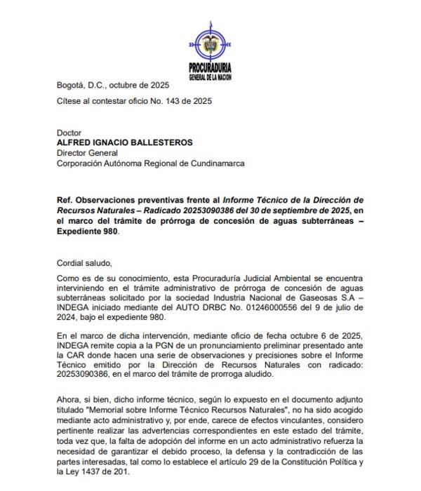 La Procuraduría subraya la necesidad de que la CAR base sus decisiones en información técnica verificada y estudios propios sobre las concesiones de agua subterránea. - crédito Procuraduría