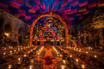 Altar escalonado con arcos de flores de cempasúchil, papel picado en el techo, calaveras negras, velas encendidas y figuras de catrinas.