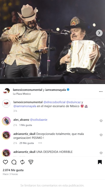 Captura de pantalla de Instagram que incluye a dos músicos en un escenario y comentarios con quejas sobre la organización