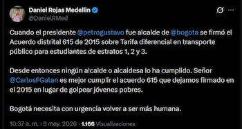 El ministro de Educación, Daniel Rojas Medellín, recordó el Acuerdo 615 de 2015 y pidió al alcalde Carlos Fernando Galán cumplir la tarifa diferencial para estudiantes, señalando que el beneficio sigue sin aplicarse en Bogotá - crédito Daniel Rojas/X