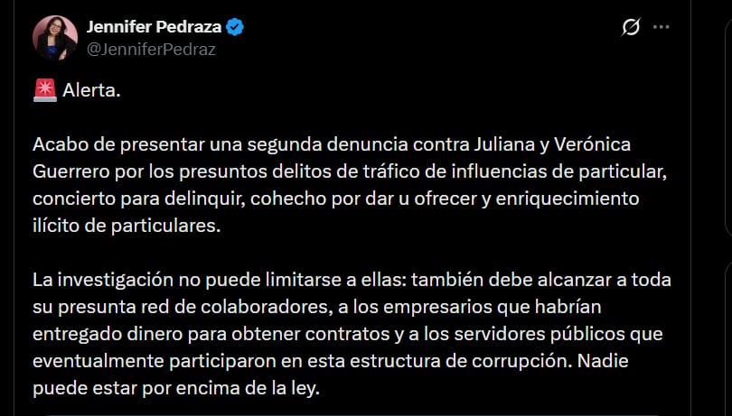 Jennifer Pedraza cuestionó al presidente saliente de Colombia, Gustavo Petro, por, según sus palabras, defender a las hermanas Guerrero y restar importancia a los escándalos de corrupción en su gobierno - crédito @JenniferPedraz/X