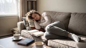 Una mujer duerme en un sofá gris con dos almohadas. Un libro abierto está en el sofá. En la mesa de madera hay dos tazas de café y un libro cerrado. Ventana con persianas.