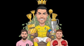 Caricatura de Ronaldo con camiseta amarilla sentado en trono de dinero y copas, sosteniendo placa '300M'. Messi con camiseta rosa y Canelo con guantes a sus pies.