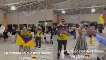 Pareja celebra sus bodas de plata entrando al salón de fiestas con el himno del América: video se vuelve viral