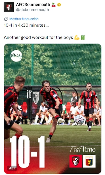 El amistoso de pretemporada se juegó en cuatro tiempos de 30 minutos; Johan disputó el primer bloque y mantuvo el marcador 1-0 antes de salir. (X/ @afcbournemouth)