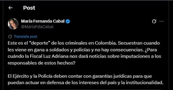 María Fernanda Cabal también habló de lo ocurrido en su cuenta de X - crédito @MariaFdaCabal