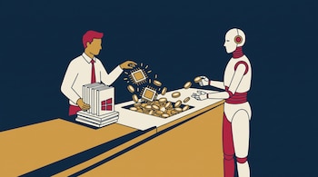 Ilustración de un hombre junto a cajas de software que entrega monedas y microchips a un robot sobre un mostrador.
