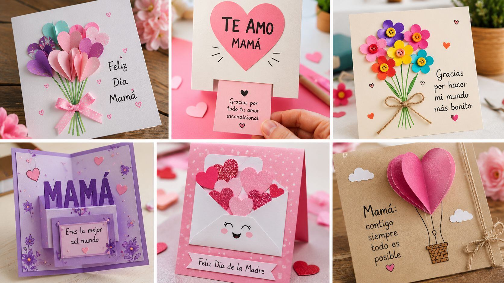 Una colección vibrante de tarjetas hechas a mano, con mensajes de amor y diseños creativos, ideales para celebrar a mamá en su día especial. (Infobae)