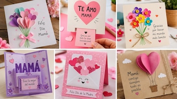 Seis tarjetas artesanales para el Día de la Madre exhibidas en un collage, mostrando corazones, flores y mensajes cariñosos en español, con texturas y colores variados